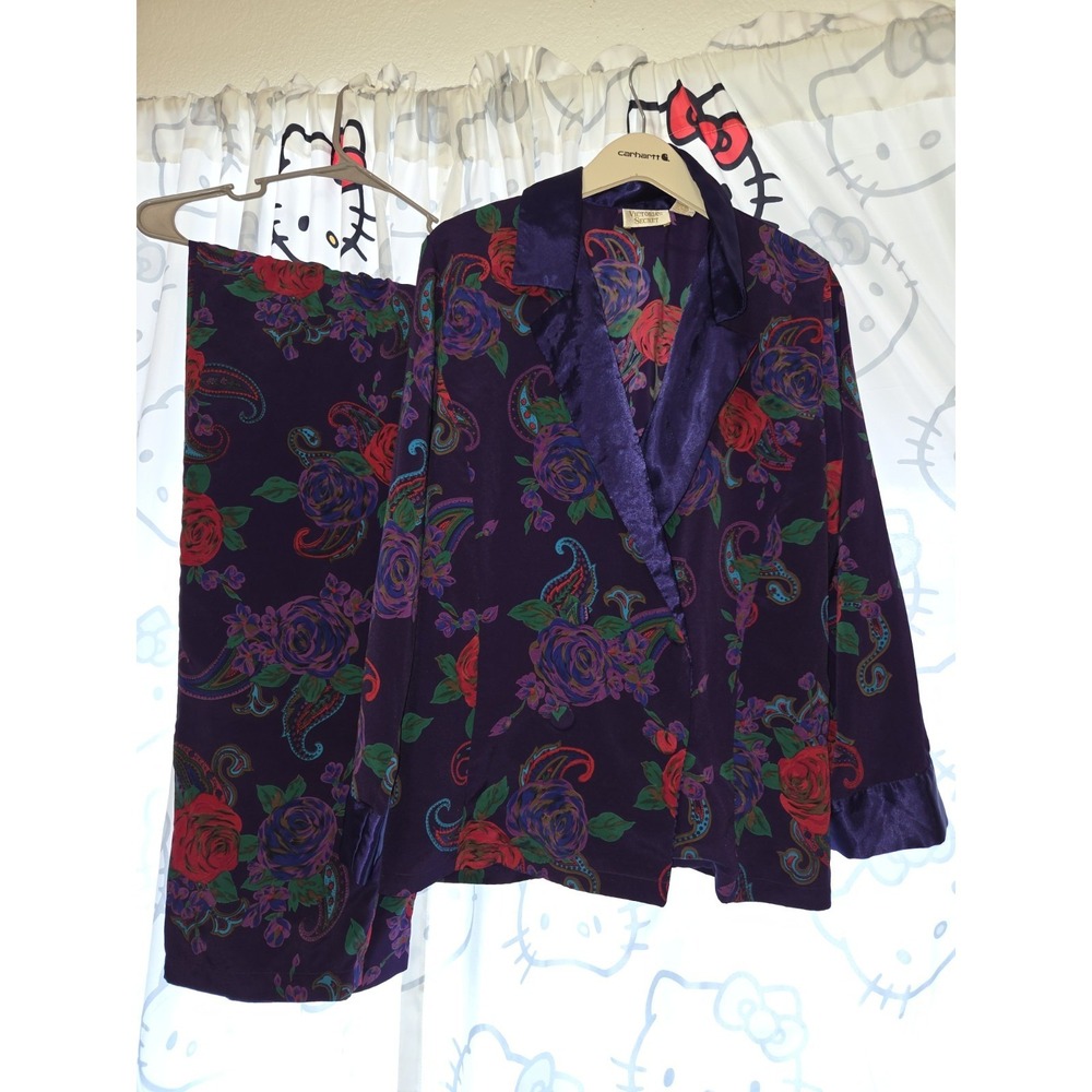 Victoria's Secret Gold Label Satin Purple Floral Pajama Set MEDIUM Y2K VINTAGE